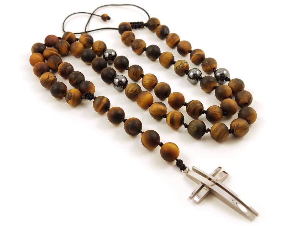 Greek Cross Necklace | Natural Matt Tiger Eye Stones 4mm | Stainless Steek Cross 20x32mm | Adjustable Length | Made In Greece