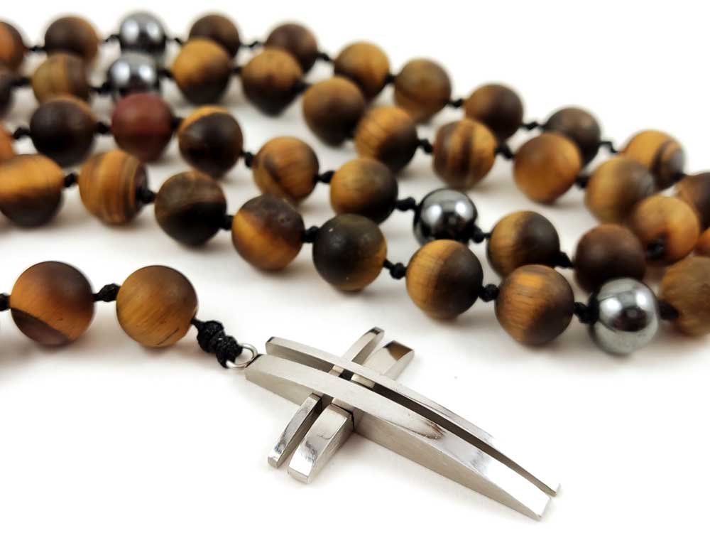 Greek Cross Necklace | Natural Matt Tiger Eye Stones 4mm | Stainless Steek Cross 20x32mm | Adjustable Length | Made In Greece