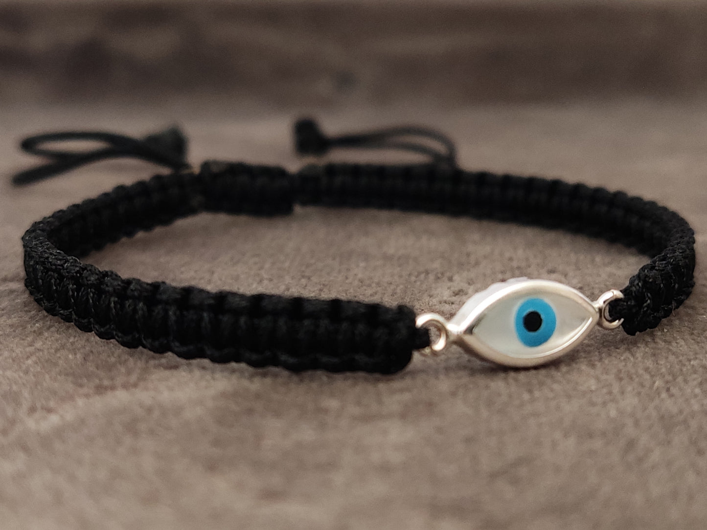 Sterling Silver 925 Greek Evil Eye Mati Good Luck Charm Handmade Adjustable Macrame Bracelet , Griechische Silber Armband, Bijoux Grecque
