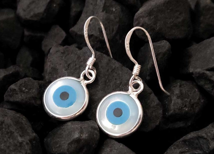 Evil Eye Nazar Mother Of Pearl Silver Earrings 10mm