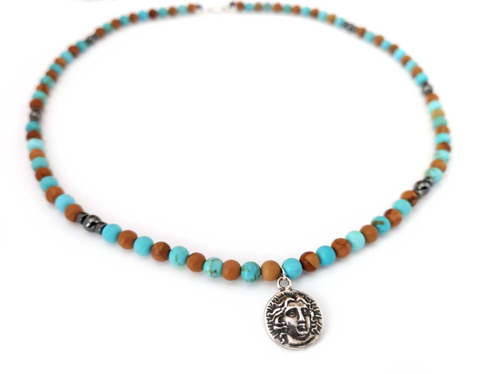 Turquoise - Jasper Stones Necklace & Greek God Apollo Silver Pendant