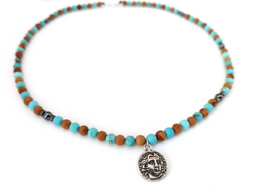 Turquoise - Jasper Stones Necklace & Greek God Apollo Silver Pendant