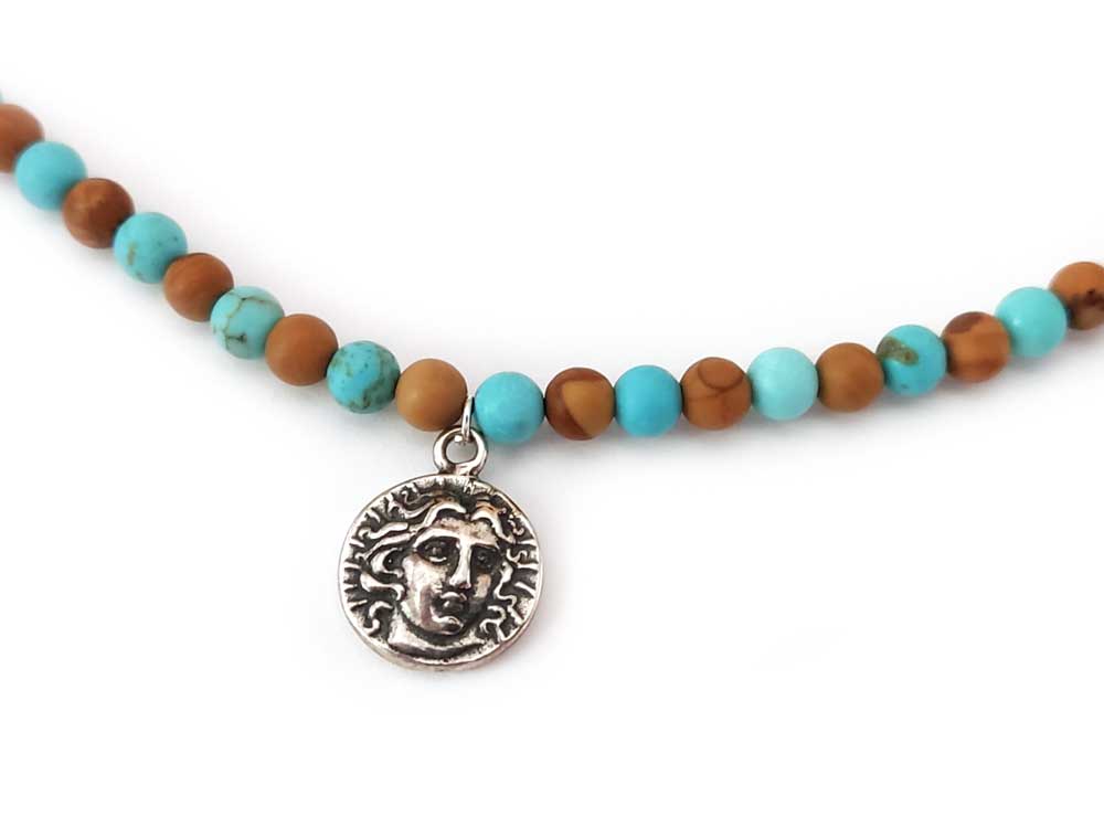 Turquoise - Jasper Stones Necklace & Greek God Apollo Silver Pendant