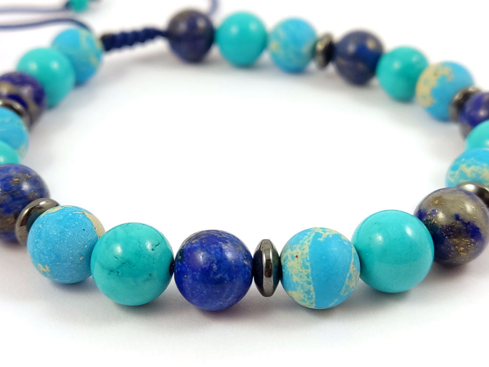 Handmade bracelet with vibrant Turquoise, Agate, and Lapis Lazuli stones, showcasing a Greek artisan design.