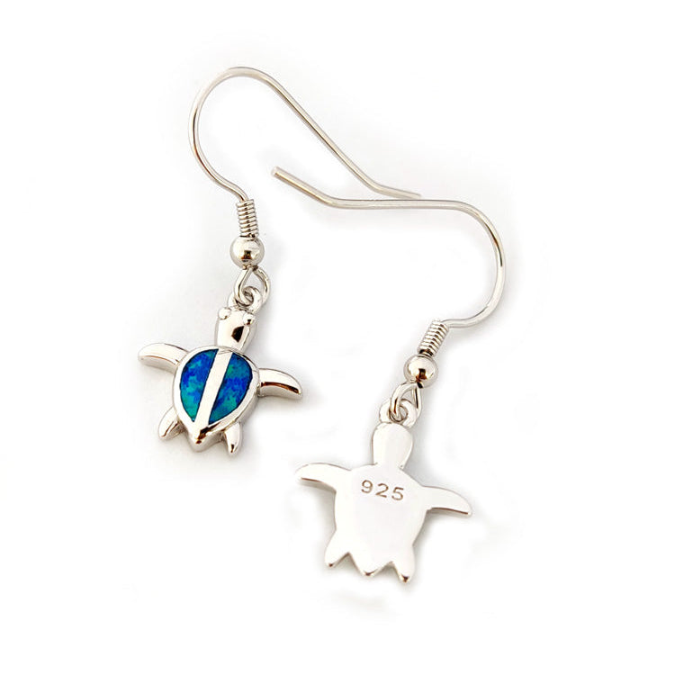 Sterling silver 925 blue opal dangle earrings showing the hallmark of authenticity on white background.