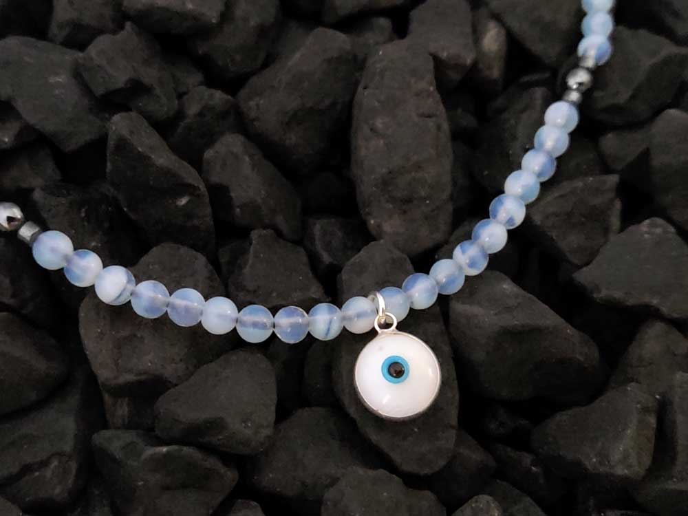 Handmade Evil Eye Mati Nazar Protection Moonstone Greek Silver Necklace
