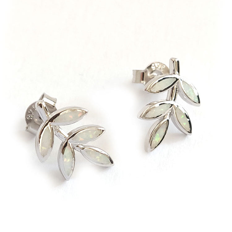 Sterling silver 925 stud earrings with white opal 5 leaves design