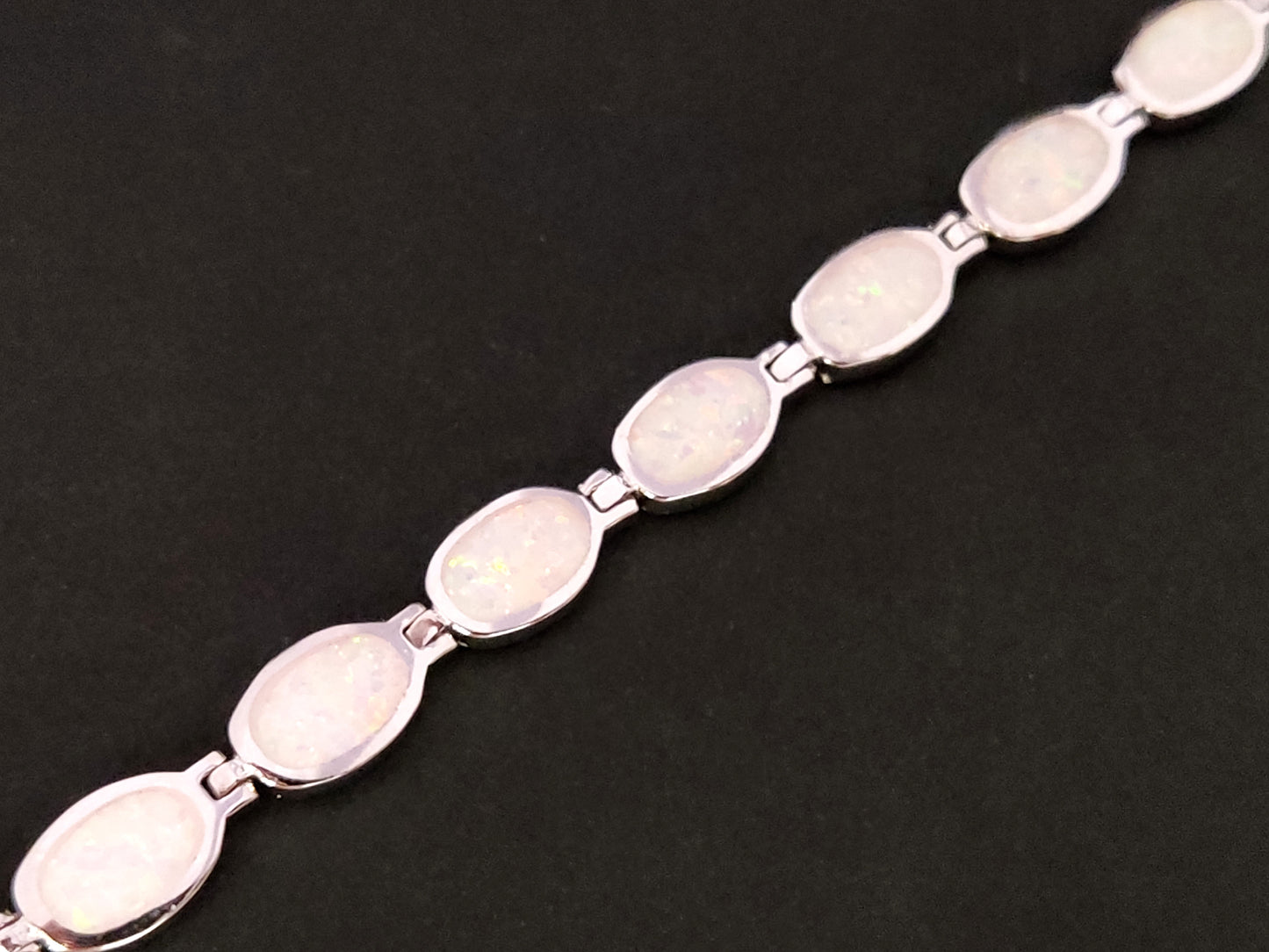 Sterling Silver 925 Fire Rainbow White Oval Opal Stones Greek Bracelet