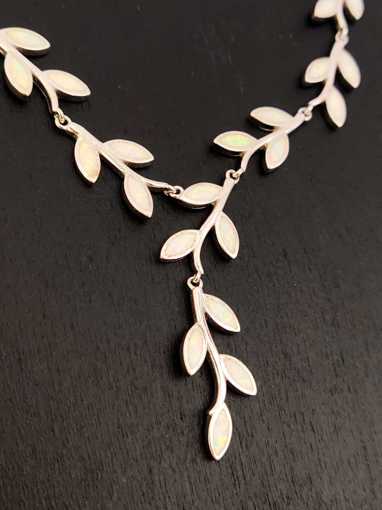 Sterling Silver 925 White Opal Leaf Leaves Necklace
