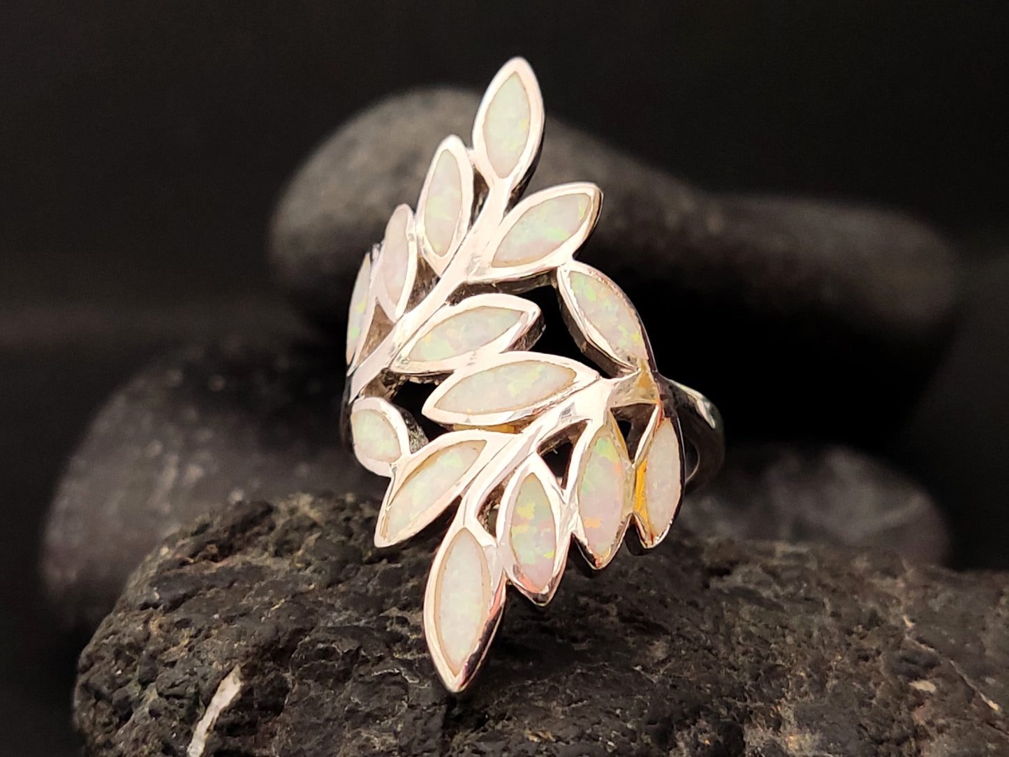 Greek Olive Leaf Leaves White Opal Silver Ring