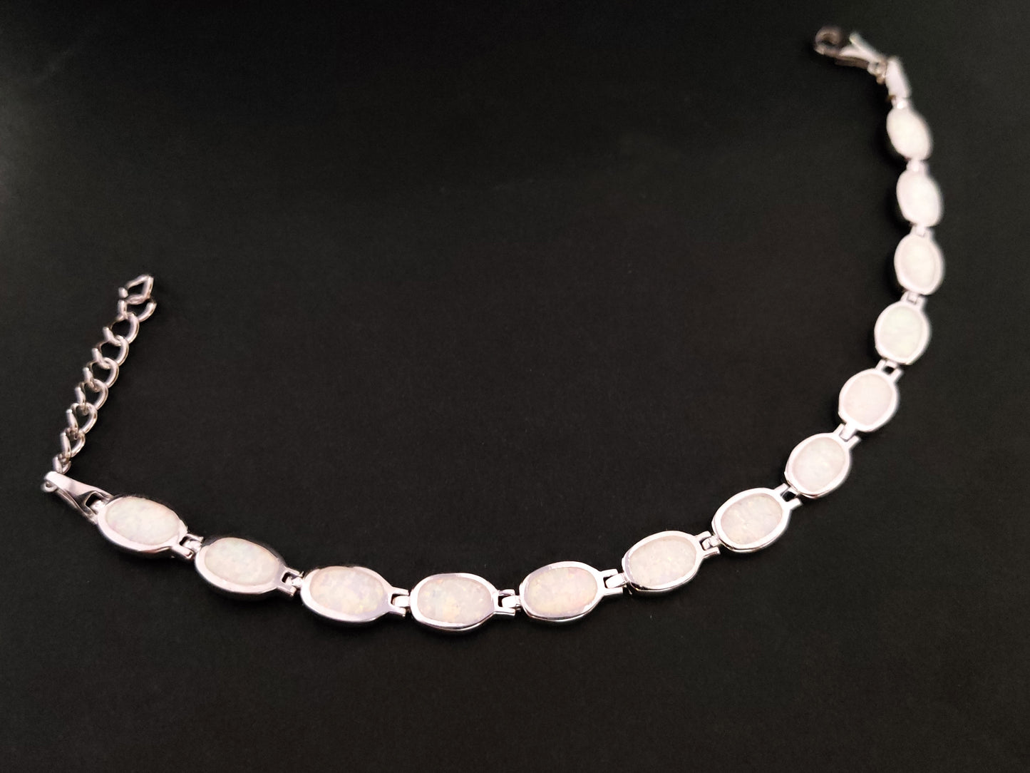 Sterling Silver 925 Fire Rainbow White Oval Opal Stones Greek Bracelet