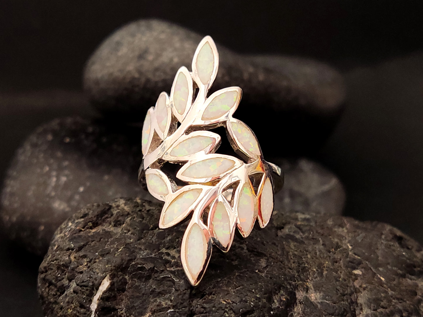 Greek Olive Leaf Leaves White Opal Silver Ring