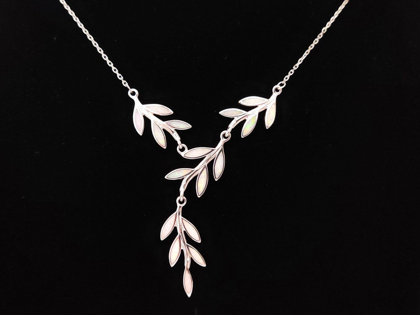 White Opal Leaf Leaves Silver Necklace