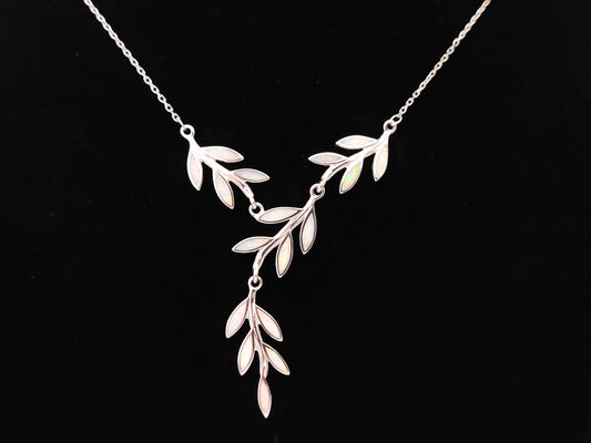 White Opal Leaf Leaves Silver Necklace
