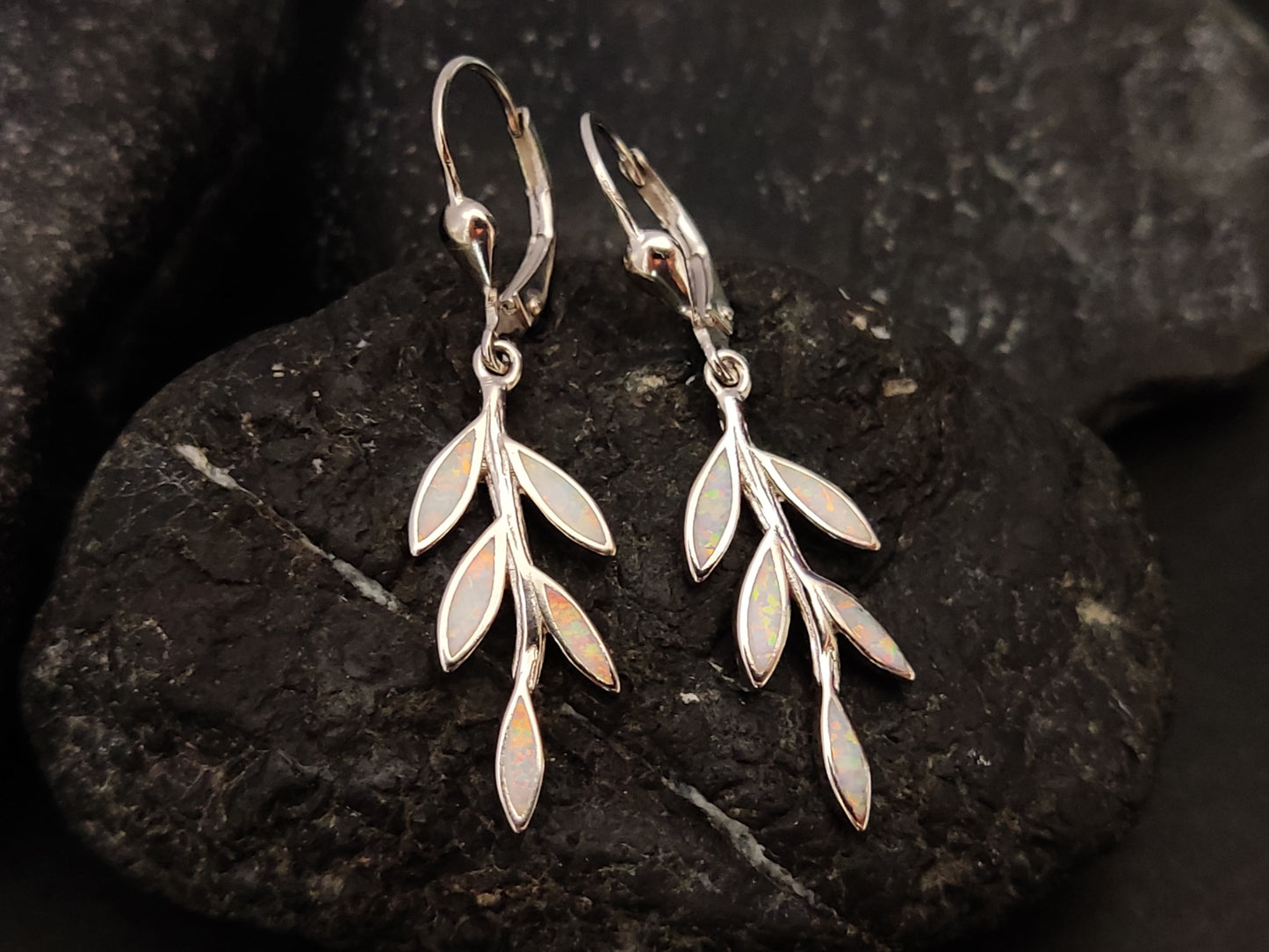 White Opal Leaf 5 Leaves Greek Silver Dangle Earrings
