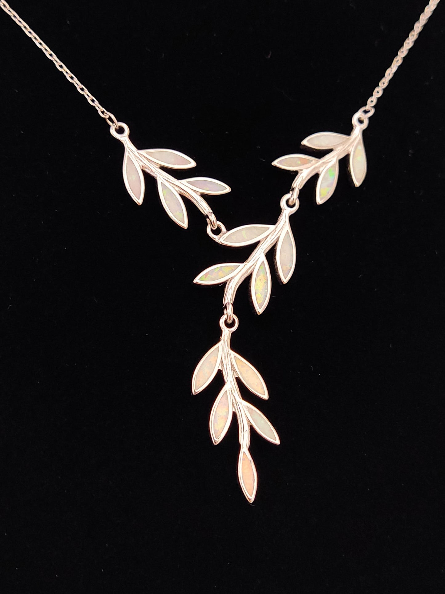 White Opal Leaf Leaves Silver Necklace