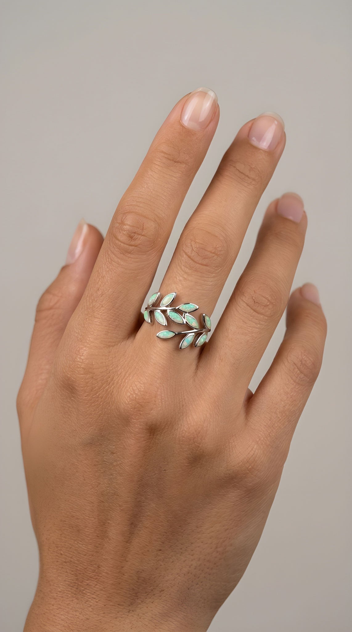 White Opal Greek Olive Leaf Leaves Silver Ring