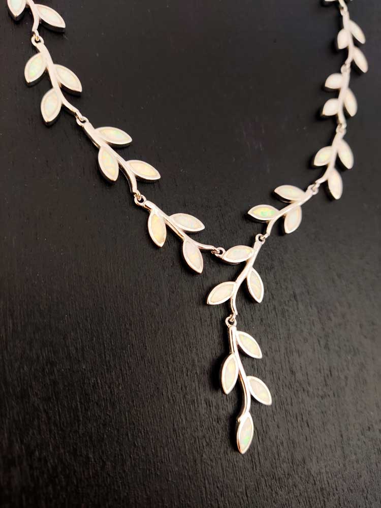 Sterling Silver 925 White Opal Leaf Leaves Necklace