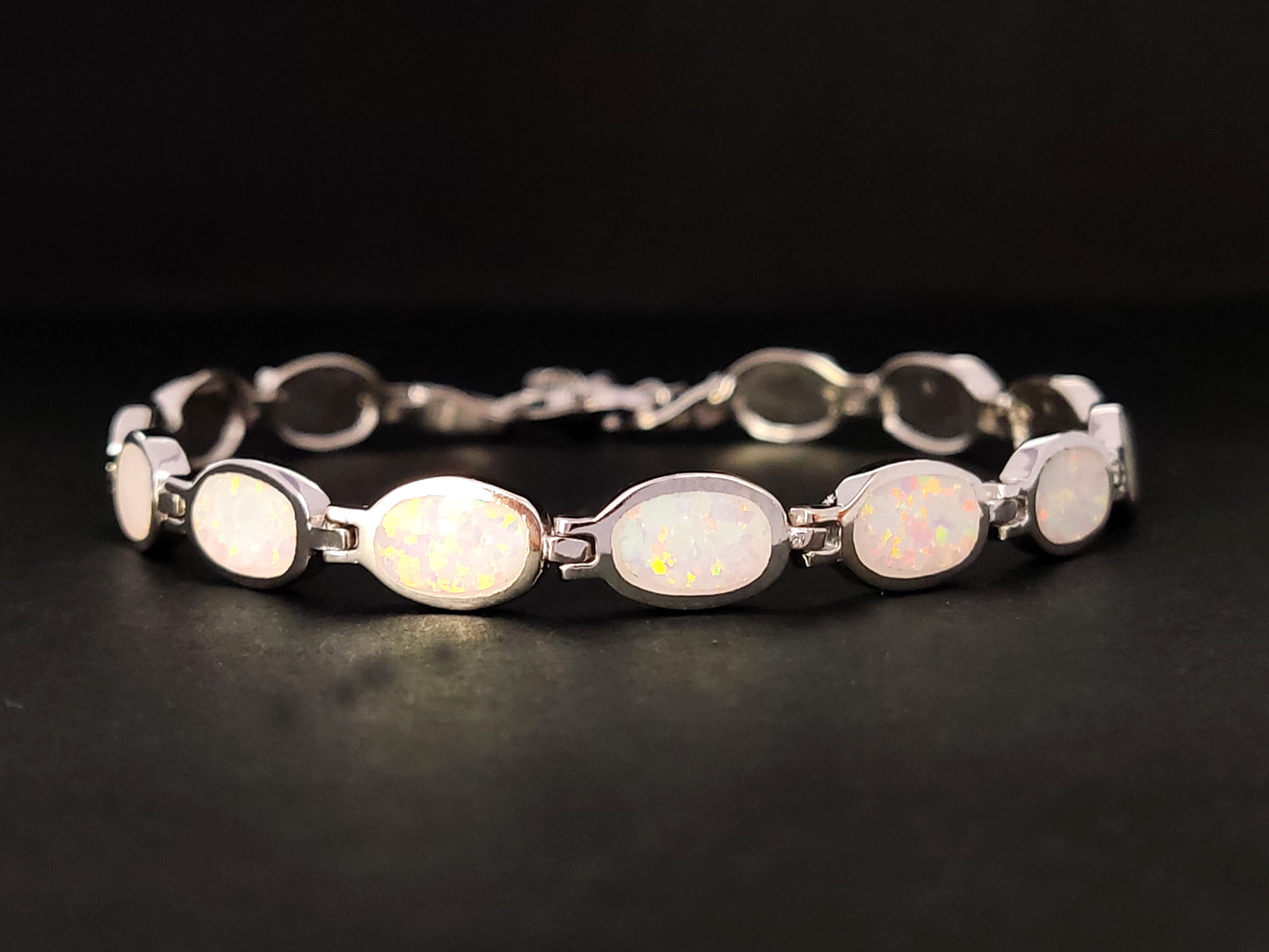 Sterling Silver 925 Fire Rainbow White Oval Opal Stones Greek Bracelet