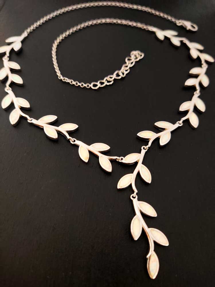 Sterling Silver 925 White Opal Leaf Leaves Necklace