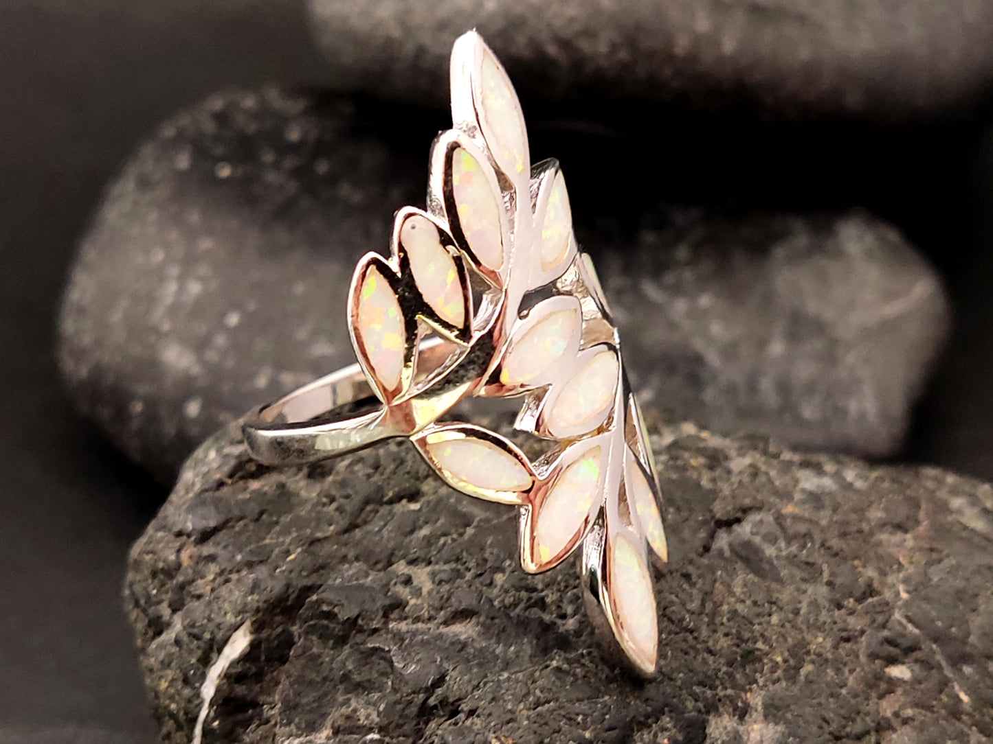 Greek Olive Leaf Leaves White Opal Silver Ring