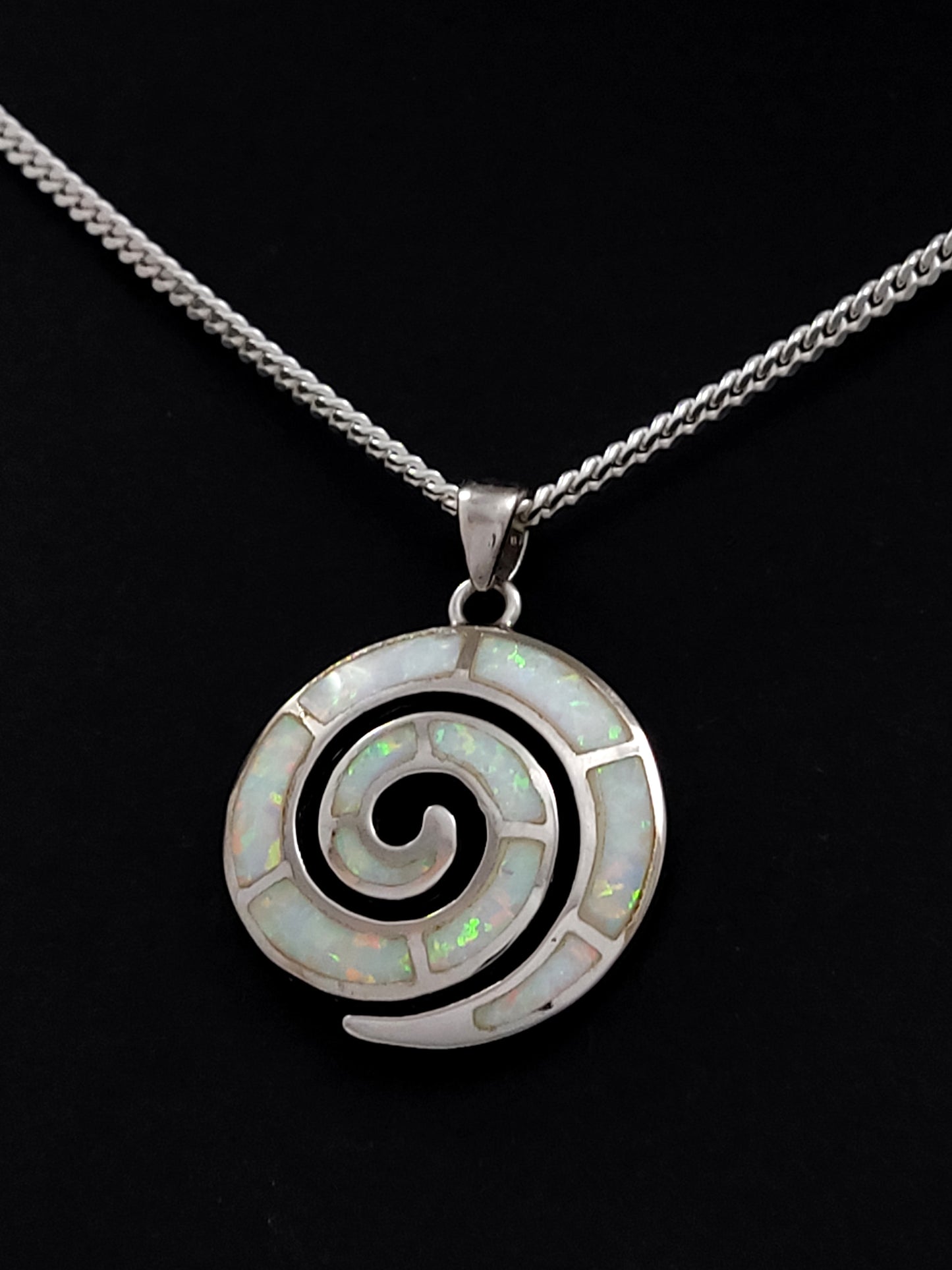 Greek Spiral White Opal Silver Pendant Necklace 23mm