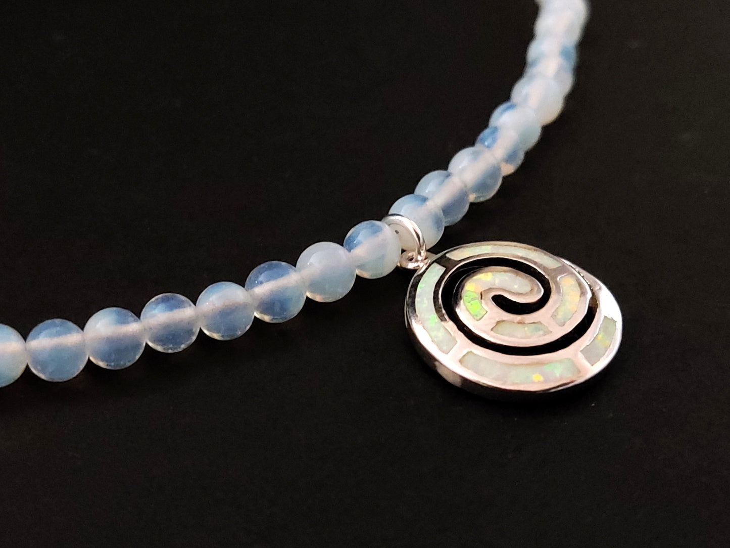 Greek White Opal Moonstone Silver Necklace
