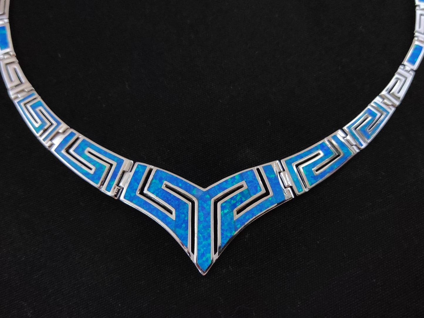 Silver Greek Blue Opal V Necklace