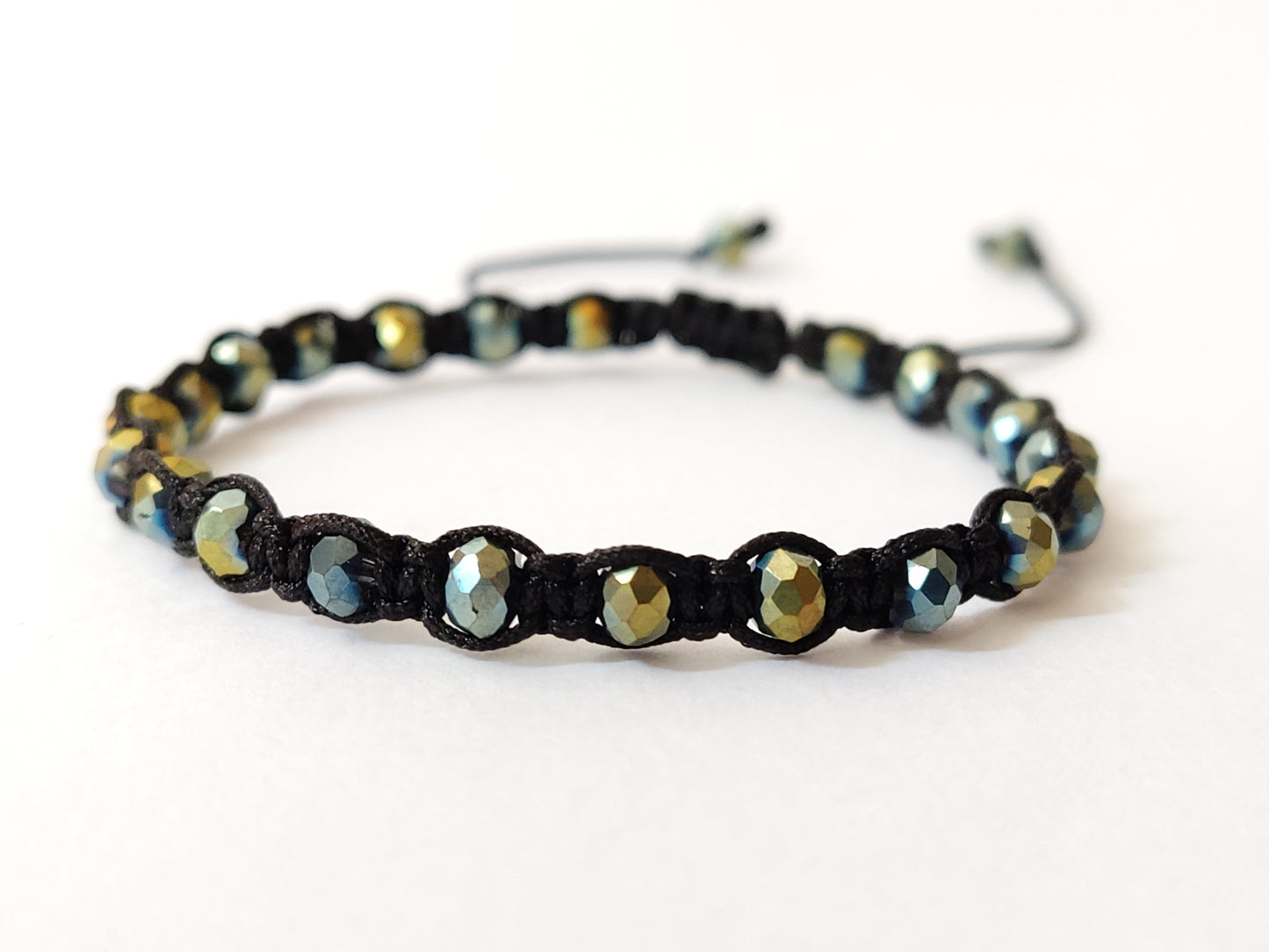 Crystal Macrame Adjustable Bracelet With Two Color Green-Silver Beads 4mm