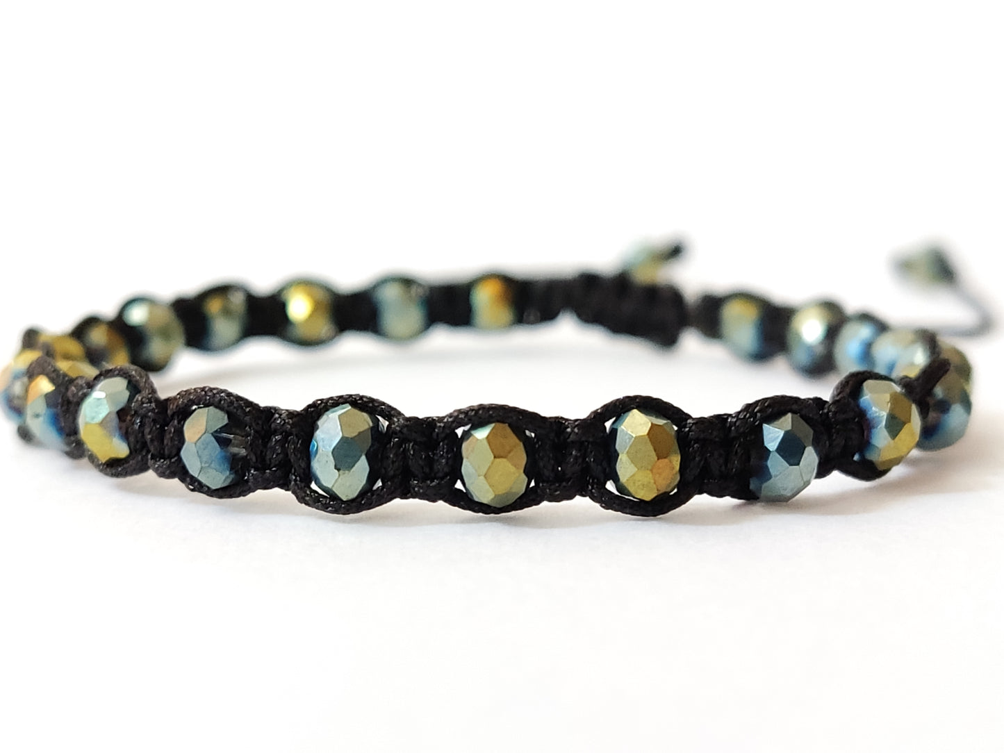 Crystal Macrame Adjustable Bracelet With Two Color Green-Silver Beads 4mm