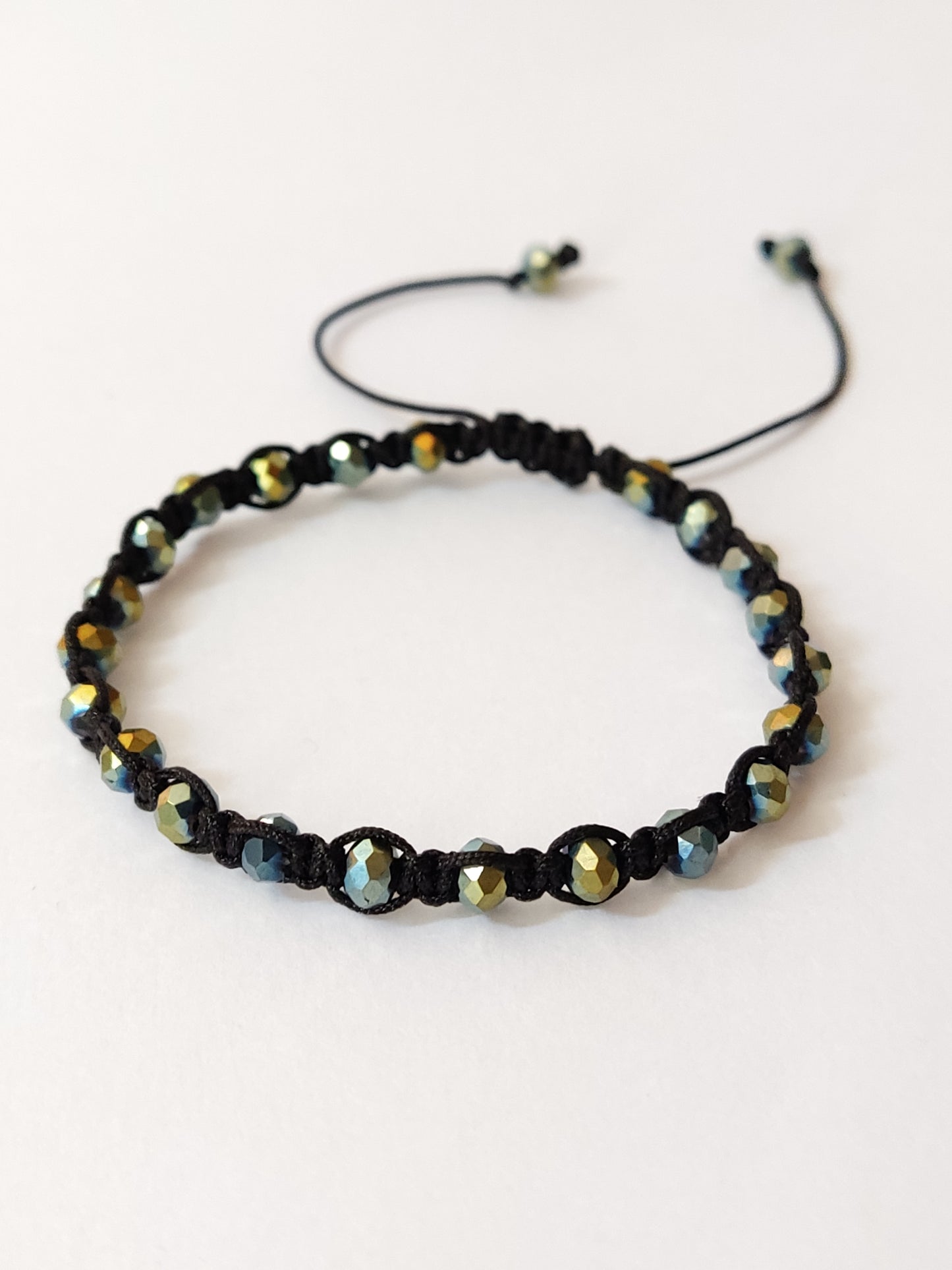 Crystal Macrame Adjustable Bracelet With Two Color Green-Silver Beads 4mm