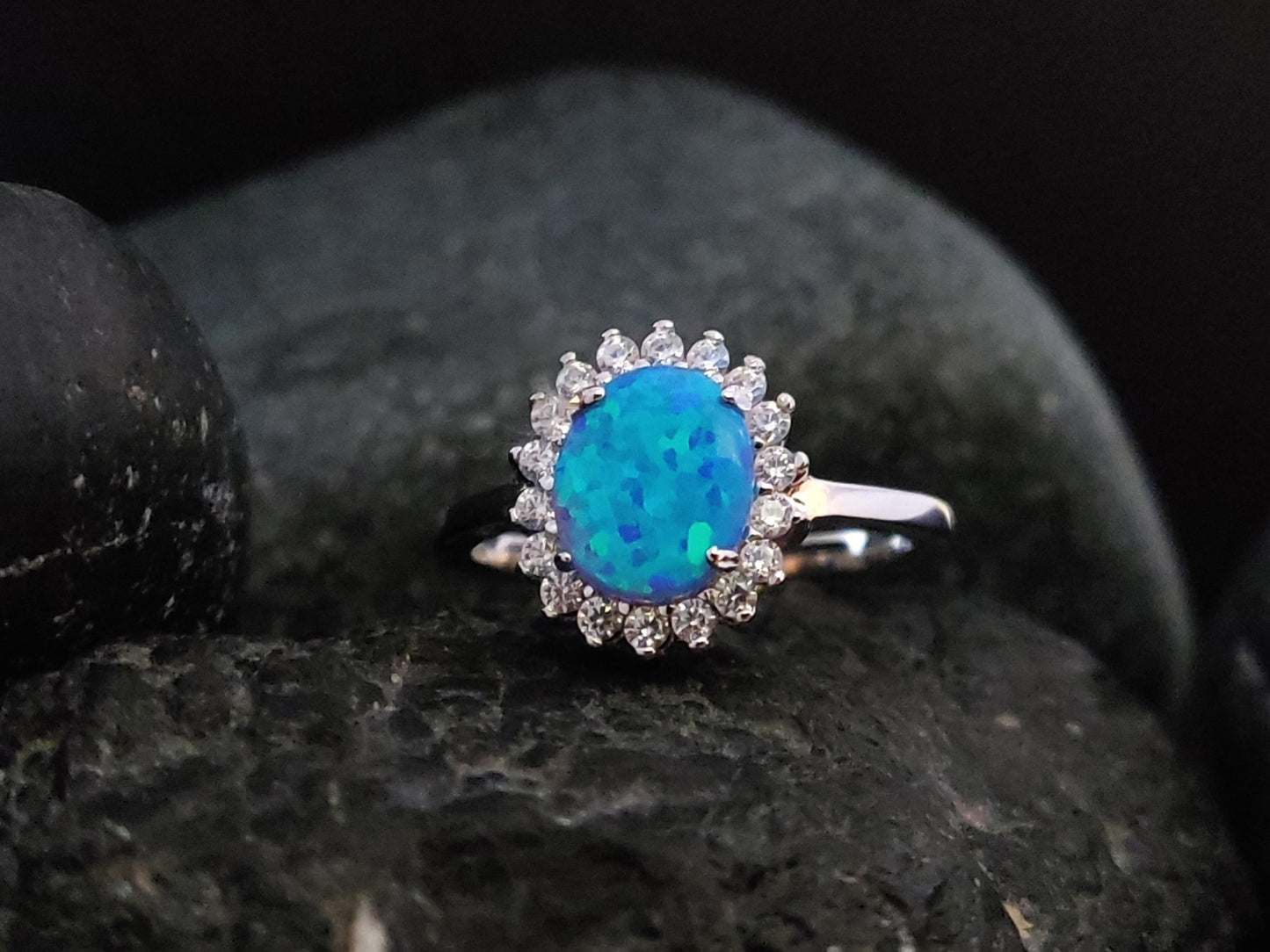 Sterling Silver 925 Oval Rosetta Blue Opal Small Modern Ring 12x10mm