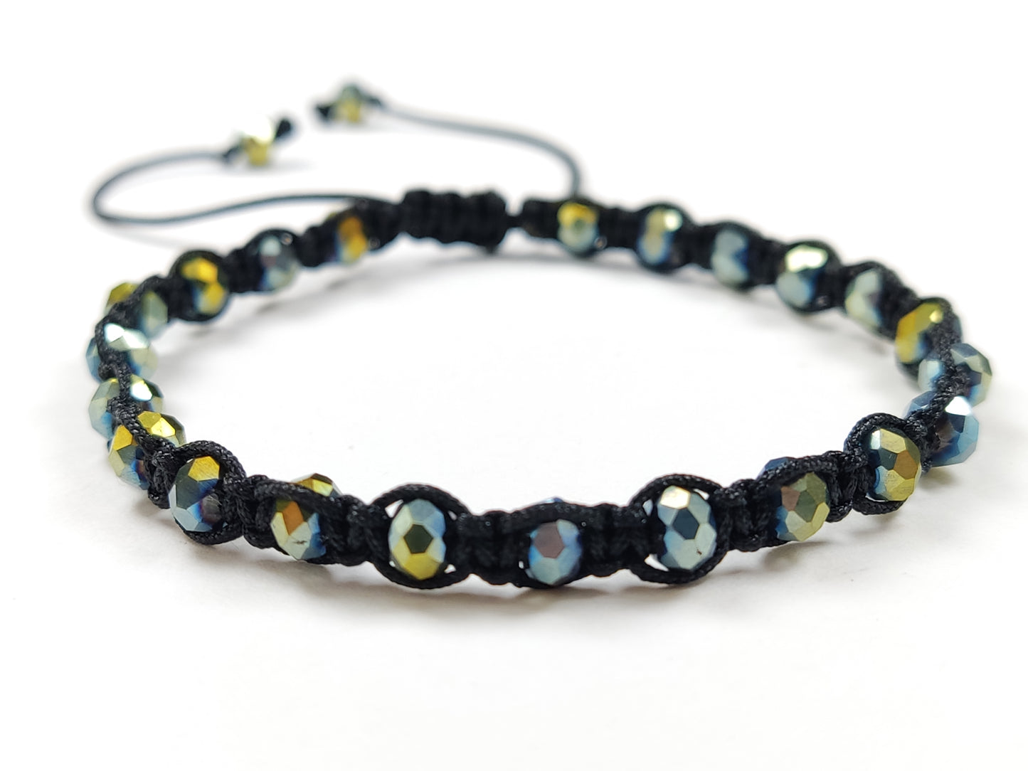 Crystal Macrame Adjustable Bracelet With Two Color Green-Silver Beads 4mm