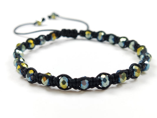 Crystal Macrame Adjustable Bracelet With Two Color Green-Silver Beads 4mm