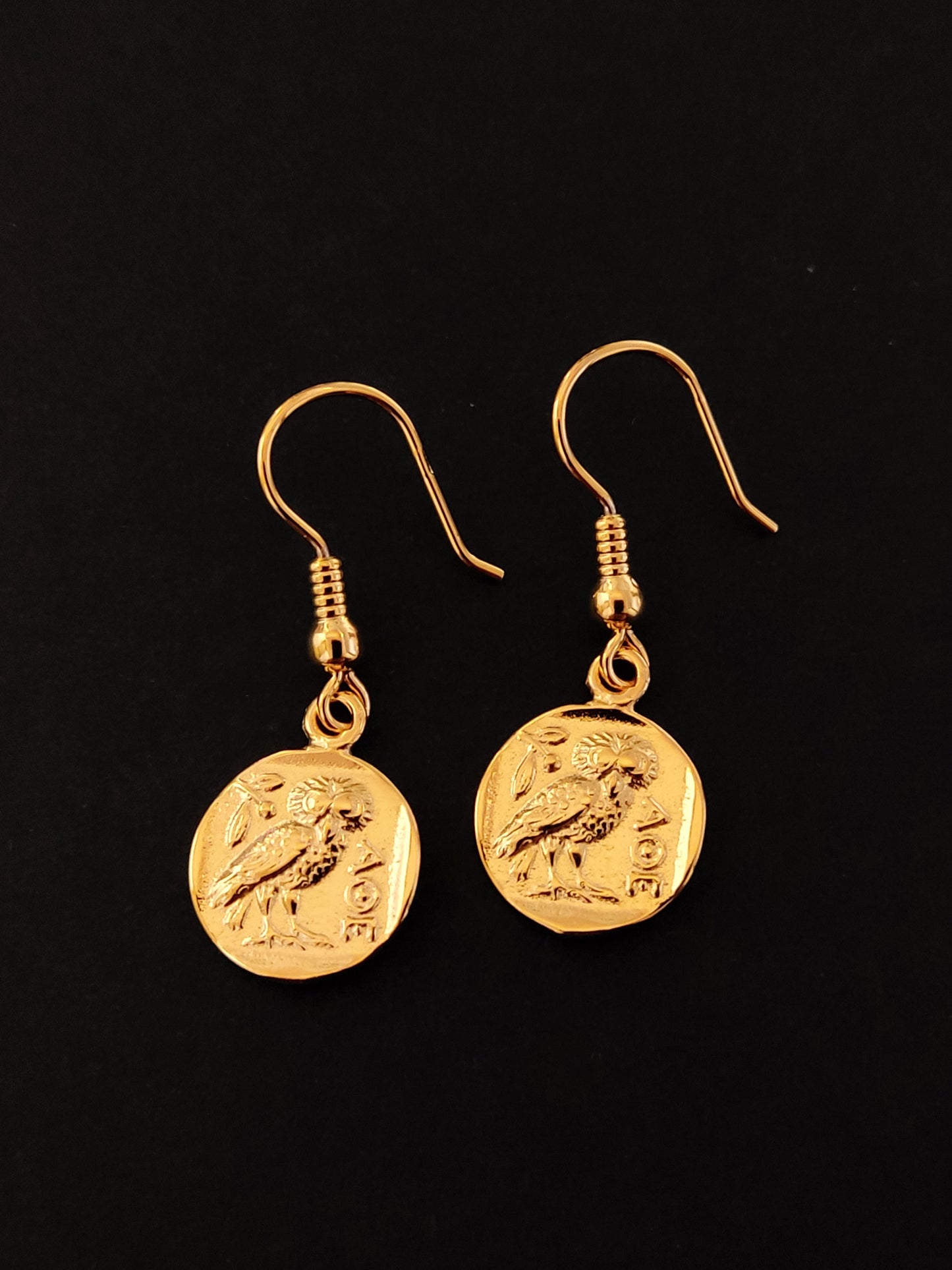 Greek Owl Gold Plated Silver Dangle Earrings
