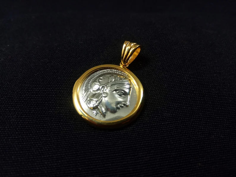 Sterling Silver 925 Greek Goddess Athena Gold Plated 21mm Pendant