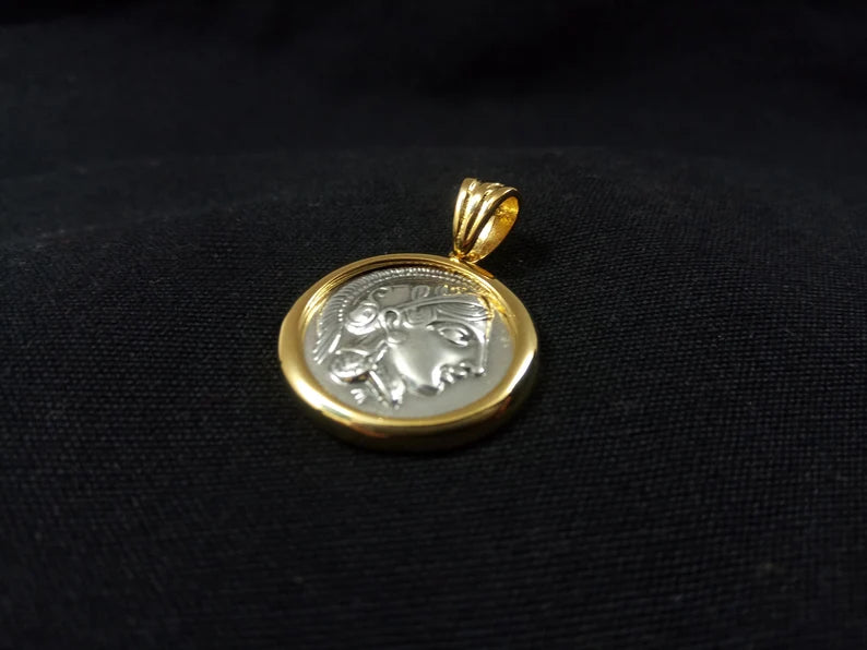 Sterling Silver 925 Greek Goddess Athena Gold Plated 21mm Pendant