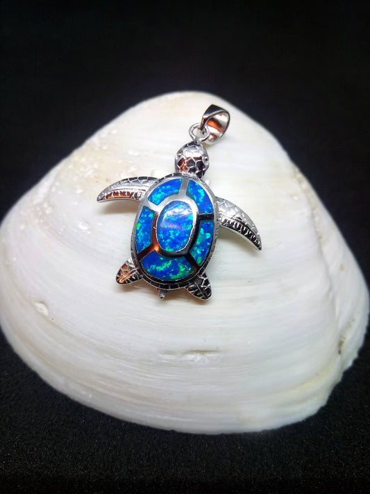 Sterling Silver 925 Sea Turtle 25x25mm Opal Pendant