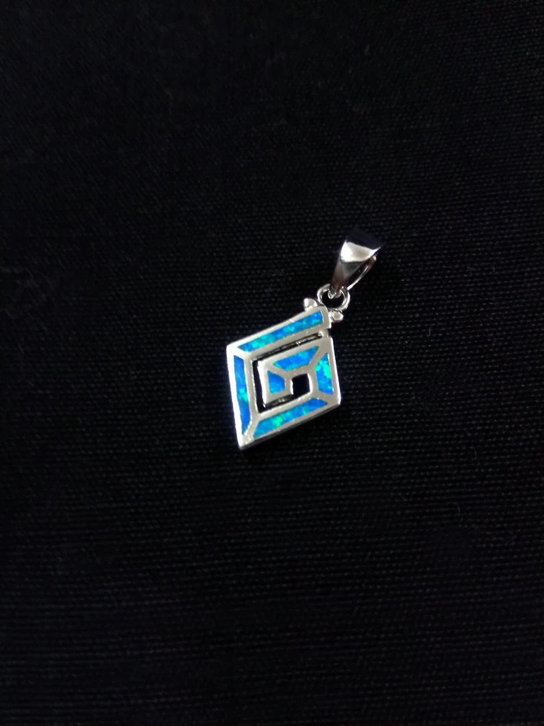 Sterling Silver 925 Fire Rainbow Blue Opal Greek Meander Diamond Shape Pendant 13x16mm