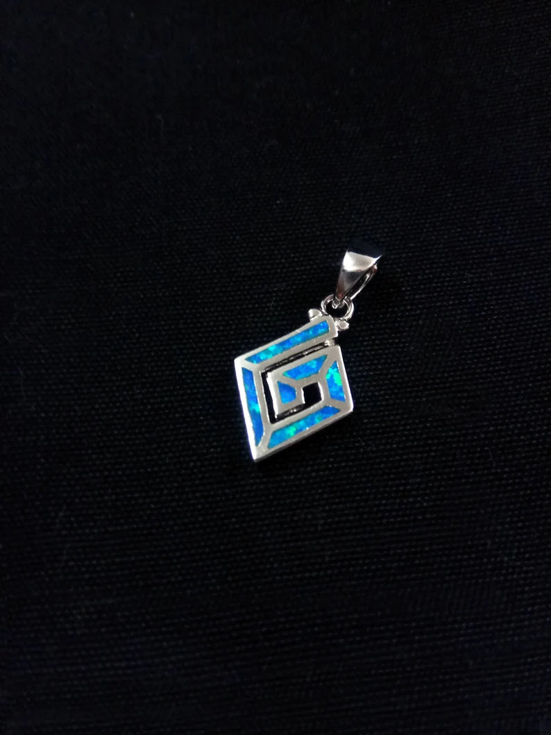 Sterling Silver 925 Fire Rainbow Blue Opal Greek Meander Diamond Shape Pendant 13x16mm
