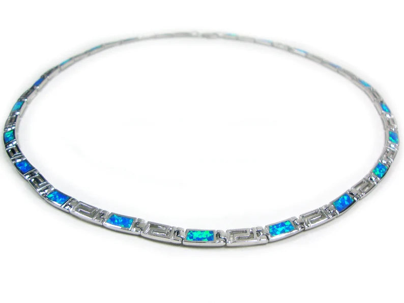 Sterling Silver 925 Greek Meander Fire Rainbow Blue Opal Necklace