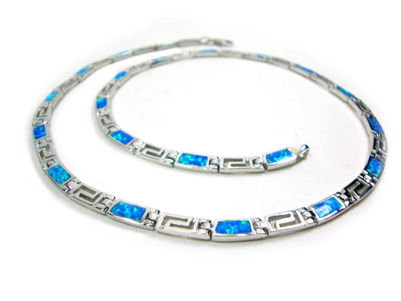 Sterling Silver 925 Greek Meander Fire Rainbow Blue Opal Necklace