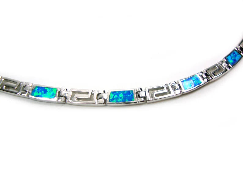 Sterling Silver 925 Greek Meander Fire Rainbow Blue Opal Necklace