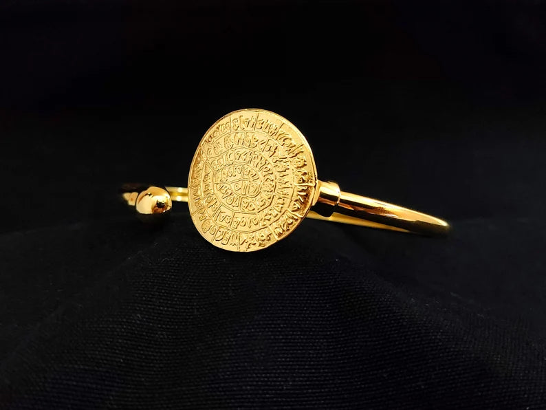 Sterling Silver 925 Phaistos Disc Minoan Cuff Bangle Gold Plated 22K Greek Bracelet 23mm