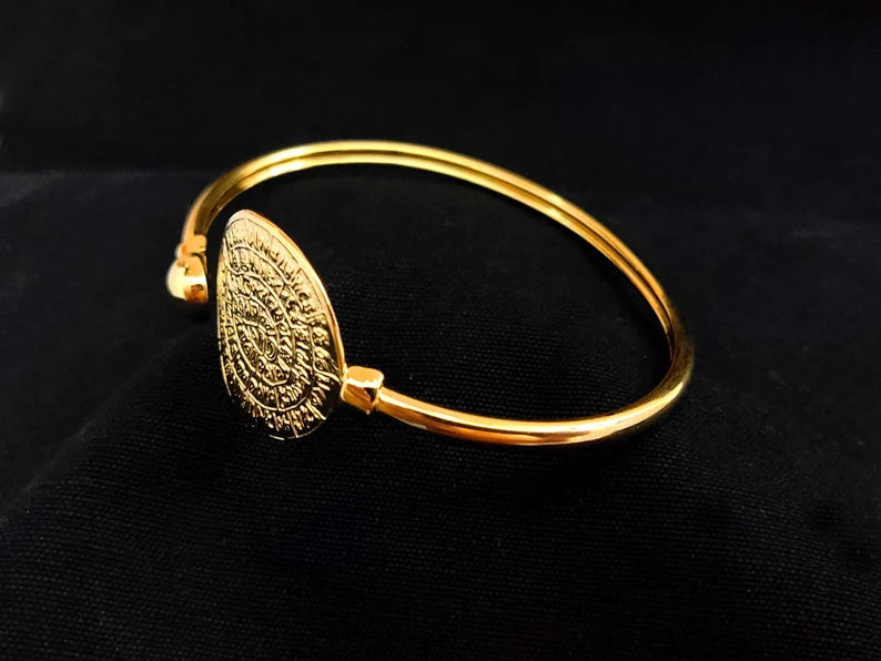 Sterling Silver 925 Phaistos Disc Minoan Cuff Bangle Gold Plated 22K Greek Bracelet 23mm