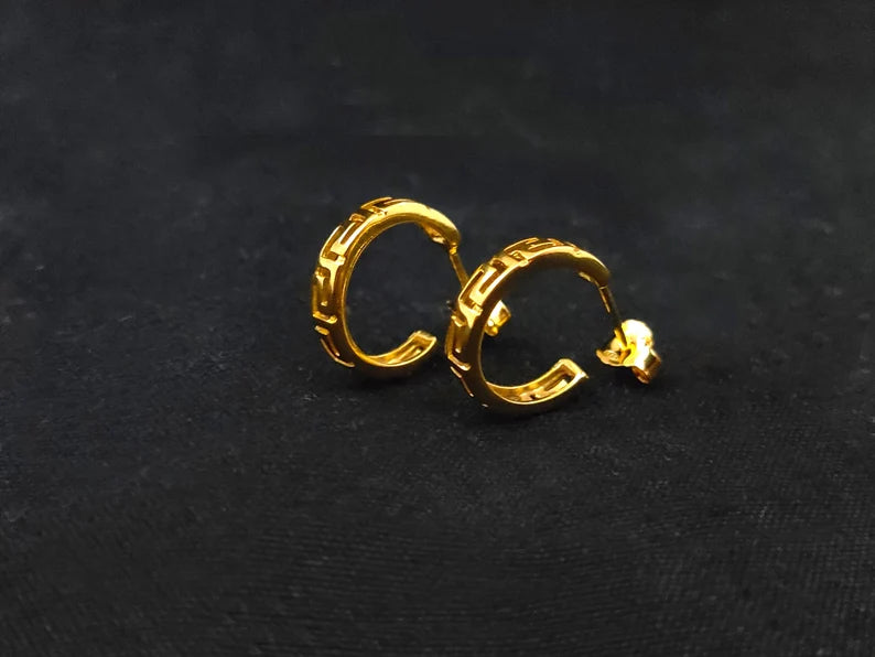 Sterling Silver 925 Hoop Meander Greek Small Gold Plated 22K Earrings 15mm