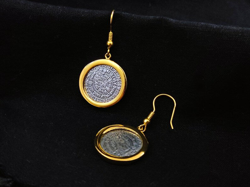 Sterling Silver 925 Phaistos Disc Greek Minoan 2Tone Dangle Gold Plated Earrings 21mm