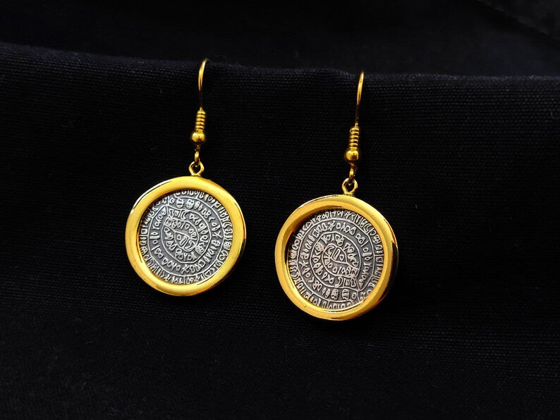 Sterling Silver 925 Phaistos Disc Greek Minoan 2Tone Dangle Gold Plated Earrings 21mm