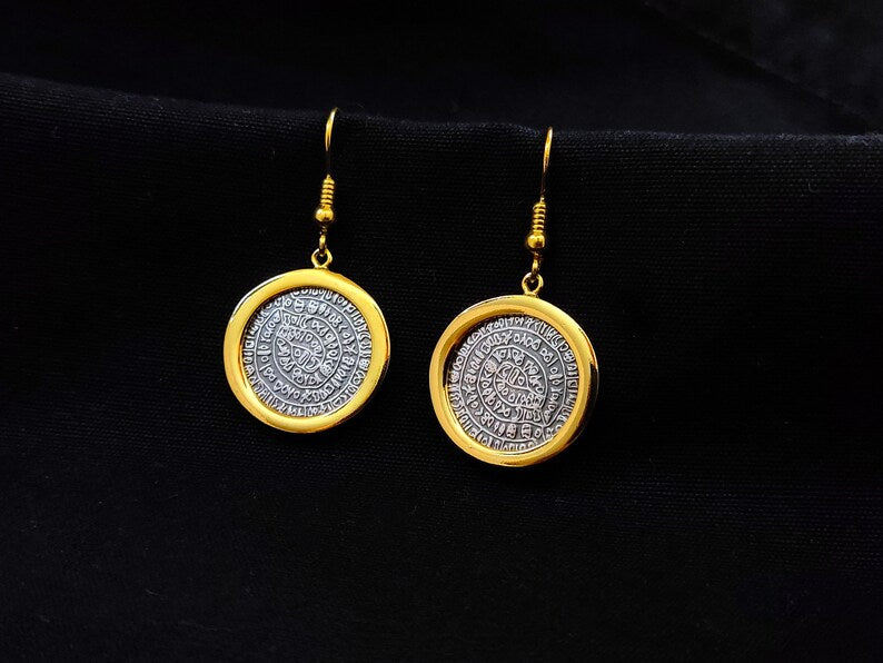 Sterling Silver 925 Phaistos Disc Greek Minoan 2Tone Dangle Gold Plated Earrings 21mm