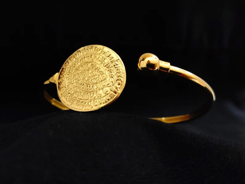 Sterling Silver 925 Phaistos Disc Minoan Cuff Bangle Gold Plated 22K Greek Bracelet 23mm